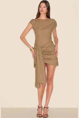 PRETTYLITTLETHING Khaki Wrap Detail Boatneck Bodycon Dress