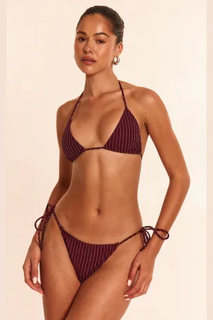 PRETTYLITTLETHING Burgundy Pinstripe Tie Side Bikini Bottom