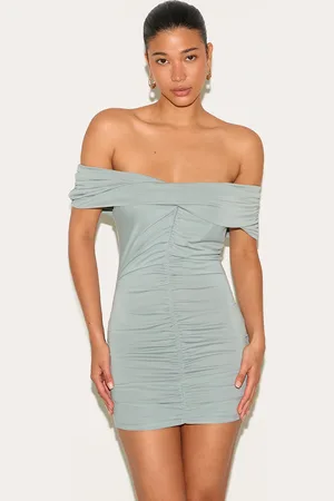 PRETTYLITTLETHING Khaki Modal Ruched Drape Bardot Mini Dress
