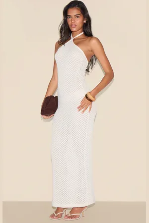 PRETTYLITTLETHING Cream Textured Tie Halter Maxi Dress