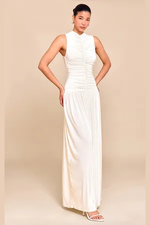 PRETTYLITTLETHING Cream Double Layer Soft Touch Drop Waist Ruched Maxi Dress