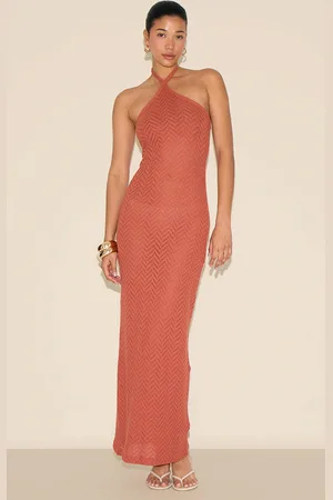 PRETTYLITTLETHING Rust Textured Tie Halter Maxi Dress