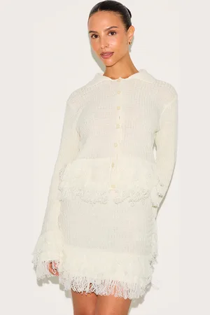 PRETTYLITTLETHING Petite Cream Button Up Fringe Cardigan