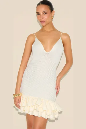 PRETTYLITTLETHING Petite Cream Knitted Frill Hem Strappy Mini Dress