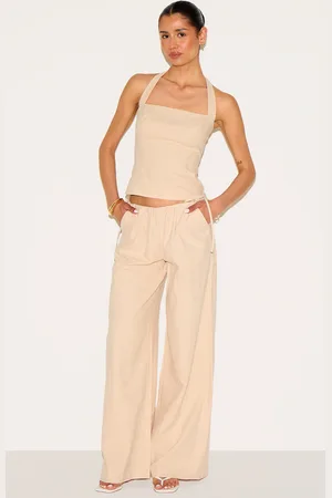 PRETTYLITTLETHING Tall Premium Linen Look Side Tie Detail Wide Leg Trousers