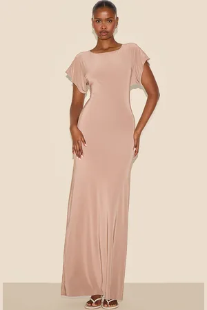 PRETTYLITTLETHING Beige Double Layered Slinky Ruched Short Sleeve Maxi Dress