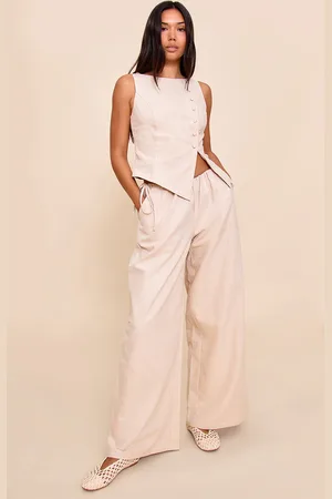 PRETTYLITTLETHING Premium Linen Side Tie Detail Wide Leg Trousers