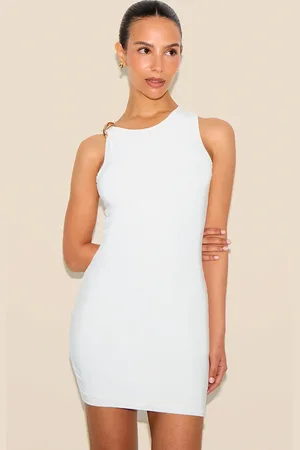 PRETTYLITTLETHING Petite Gold Strap Detail Slinky Mini Dress