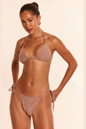 PRETTYLITTLETHING Stone Pinstripe Tie Side Bikini Bottom