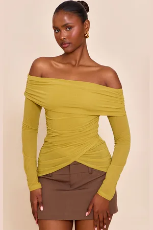 PRETTYLITTLETHING Olive Stretch Chiffon Ruching Bardot Detail Long Sleeve Top