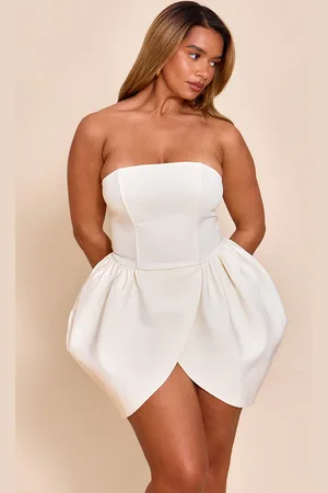 PRETTYLITTLETHING Shape Cream Woven Bandeau Tulip Mini Dress