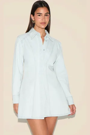 PRETTYLITTLETHING Ice Long Sleeve Cinched Waist Denim Shirt Dress