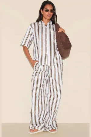 PRETTYLITTLETHING Beige Striped Wide Leg Trousers