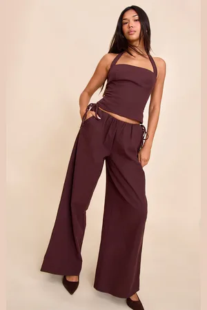 PRETTYLITTLETHING Deep Premium Linen Side Tie Detail Wide Leg Trousers
