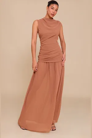 PRETTYLITTLETHING Mocha Chiffon Ruched Dropped Waist Sleeveless Maxi Dress