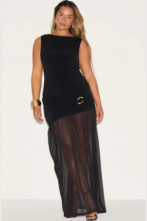 PRETTYLITTLETHING Shape Boat Neck Ruched Gold Trim Dropped Hem Maxi Dress