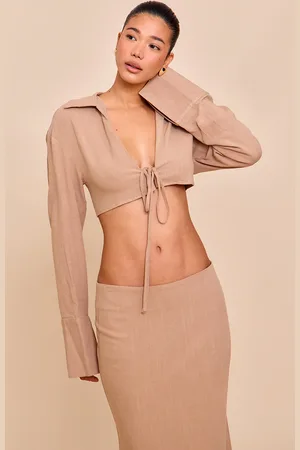 PRETTYLITTLETHING Linen-Blend Tie Front Cropped Shirt