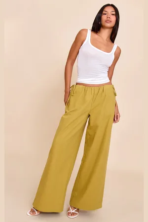 PRETTYLITTLETHING Olive Premium Linen Side Tie Detail Wide Leg Trousers