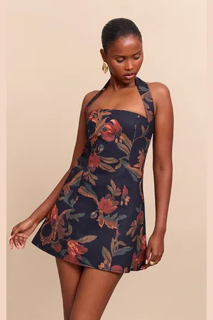 PRETTYLITTLETHING Burnt Orange Floral Square Halterneck A-line Dress