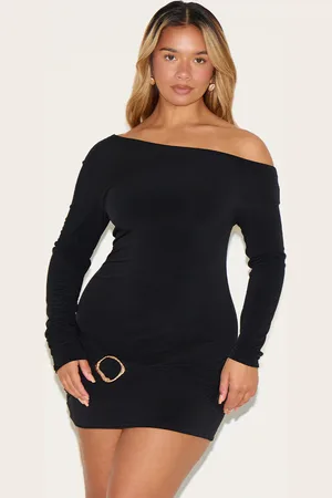 PRETTYLITTLETHING Shape Off Shoulder Long Sleeve Gold Trim Mini Dress