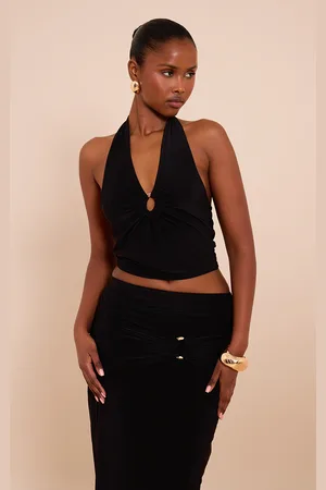 PRETTYLITTLETHING Gold Front Ring Detail Halterneck Top