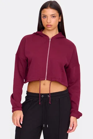 PRETTYLITTLETHING Burgundy Toggle Waist Zip Up Cropped Hoodie