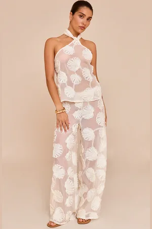 PRETTYLITTLETHING Petite Cream Sheer Shell Applique Wide Leg Trousers