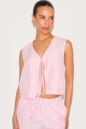 PRETTYLITTLETHING Petite Striped Woven Tie Front Longline Waistcoat