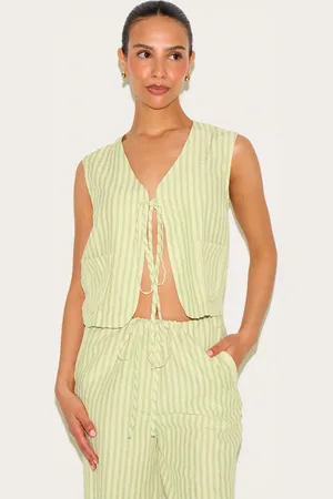 PRETTYLITTLETHING Petite Olive Striped Woven Tie Front Longline Waistcoat