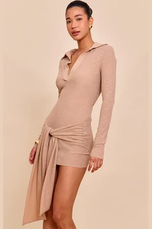 PRETTYLITTLETHING Taupe Textured Tie Detail Bodycon Dress