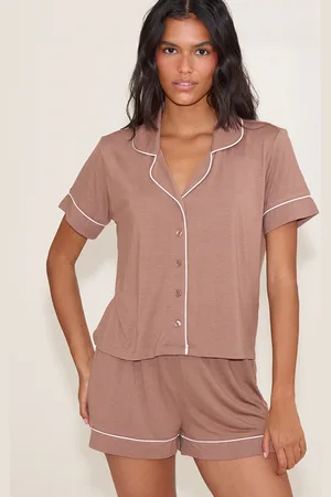 PRETTYLITTLETHING Mocha Modal Piping Short Pj Set