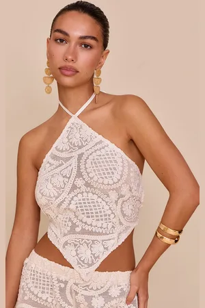 PRETTYLITTLETHING Cream Textured Embroidered Halterneck Tie Back Top