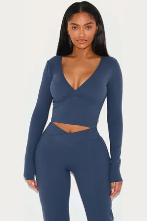 PRETTYLITTLETHING Shape Navy Sculpt Active Wrap V Neck Long Sleeve Top