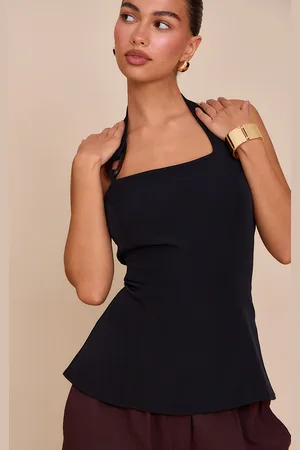 PRETTYLITTLETHING Woven Halterneck Trim Detail Top