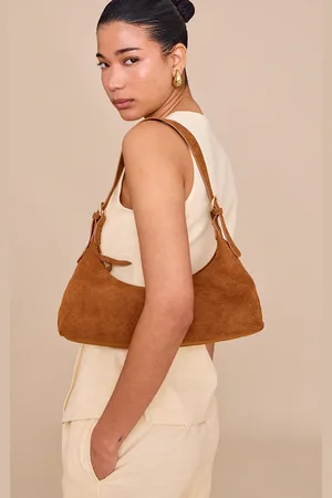 PRETTYLITTLETHING Tan Suede Elongated Curved Shoulder Bag