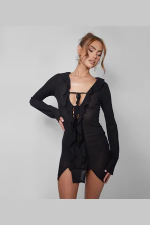 Public Desire Mesh Frill Detail Tie Front Dress Black