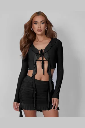 Public Desire Frill Detail Tie Front Cardigan Top Black