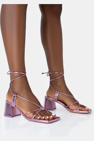 Public Desire Aloha Pink Metallic Lace Up Block Mid Heeled Sandals