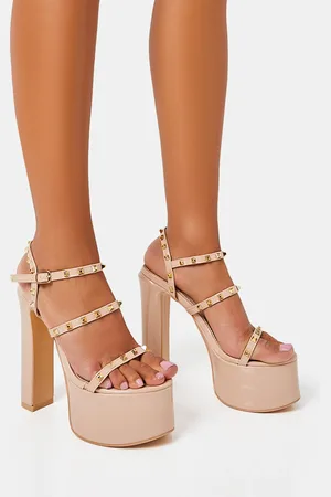 Public Desire Stefania Nude Patent Studded Cage Platform Round Toe Block Heels