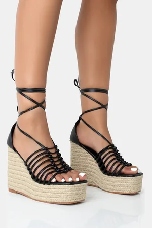 Public Desire Reece Black PU Knot Strap Lace Up Raffia Wedge Heels