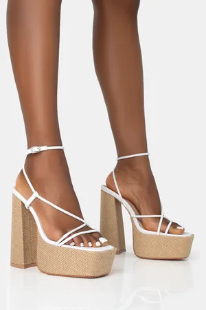 Public Desire Blissful White PU Asymmetric Strappy Square Toe Raffia Platform Block Heels