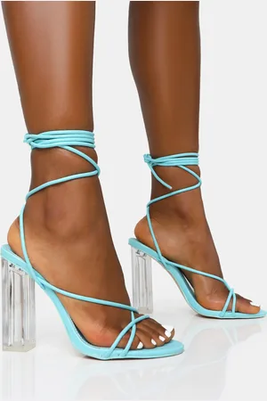 Public Desire Clara Blue Pu Strappy Lace Up Round Toe Clear Perspex Heels