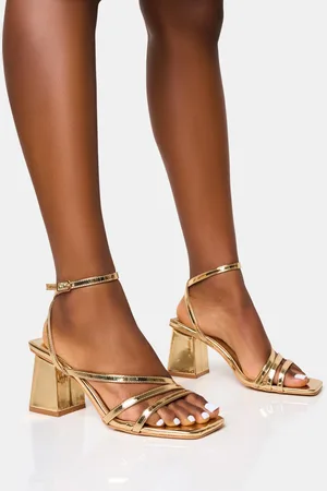 Public Desire Robin Gold Strappy Square Toe Mid Block Heels