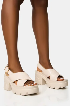 Public Desire Flare White Cross Strap Chunky Mid Heel Sandals