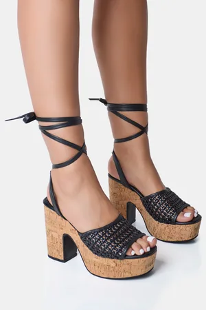Public Desire Jos Black Netted Lace Up Cork Platform Sandals