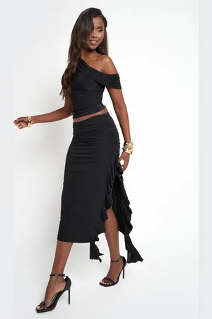 Public Desire Drape Detail Luxe Slinky Maxi Skirt Black