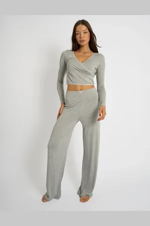 Public Desire Kaiia Lace Wrap Top & Trouser Pj Set Grey Melange