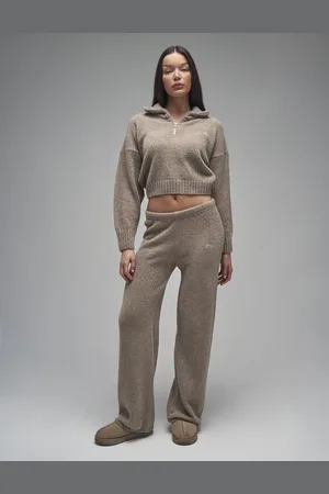 Public Desire Kaiia Knit Wide Leg Trousers Taupe