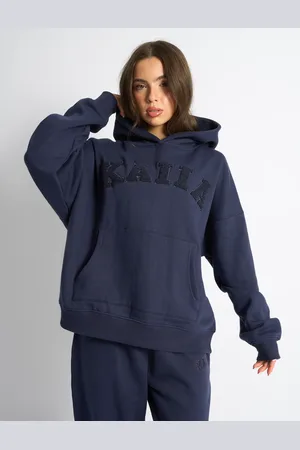 Public Desire Kaiia Borg Slogan Oversized Hoodie Deep Blue