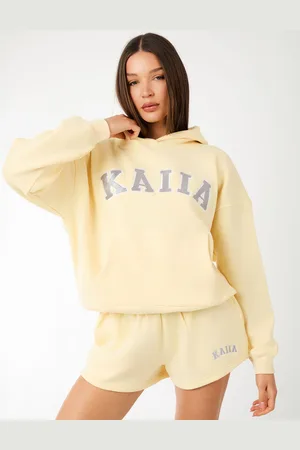 Public Desire Kaiia Slogan Oversized Hoodie Soft Yellow & Grey